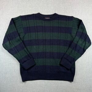 Roundtree & Yorke Cable Knit Striped Sweater Men L Navy Green Prep Ivy Academia